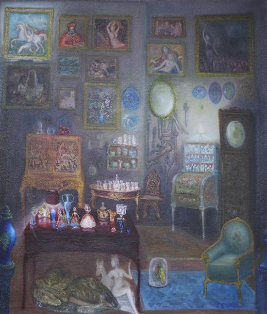 An oil on canvas of a salon interior 55 x 45cm